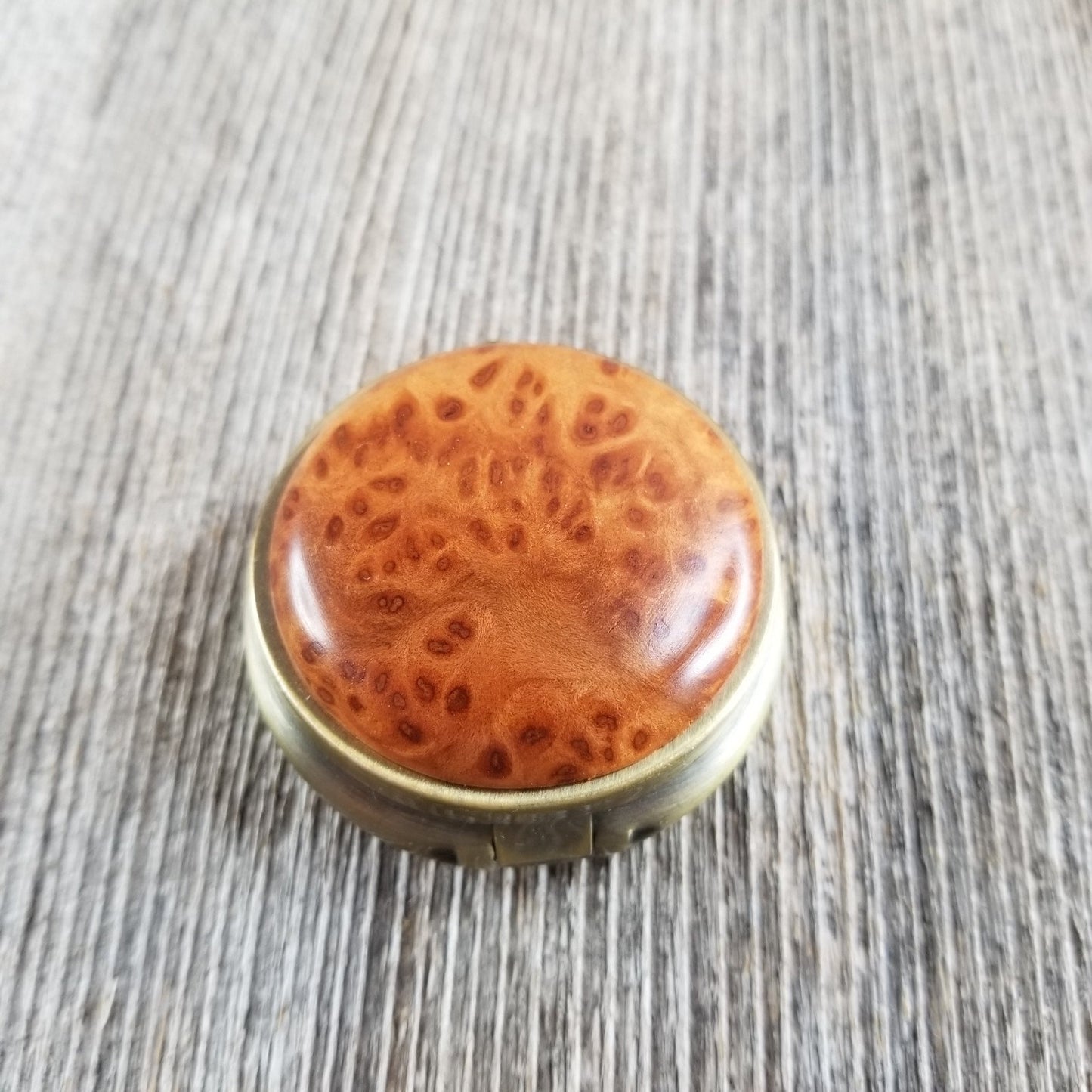 Handmade Pill Box 3 Sections California Redwood Burl Top Souvenir #286